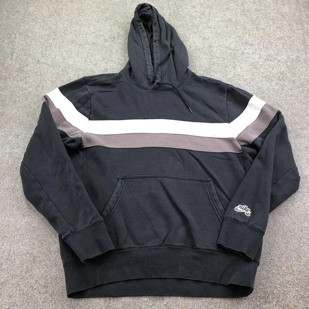 Nike SB Hoodie Mens Medium Black Pullover Fleece Sweatshirt Striped Logo Skate